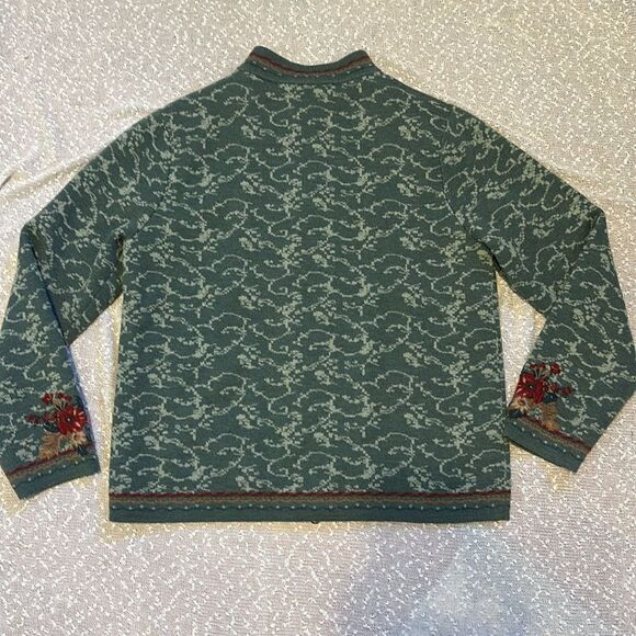PENDLETON LARGE Wool Embroidered Zip Front Sweater Jacket Green Floral VINTAGE - Picture 2 of 11